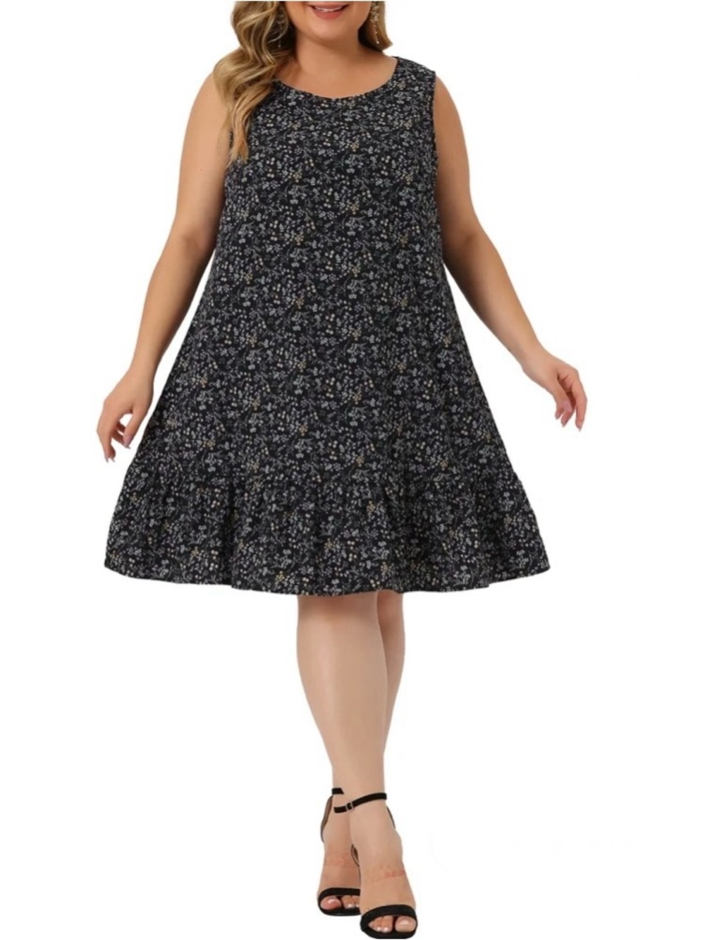 Agnes Orinda Plus Size Floral Sleeveless Ruffle Hem Casual Black Dresses Size 1X